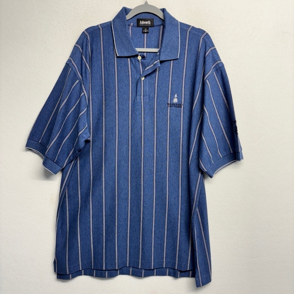 Ashworth Stripe‎ Golf Polo Shirt XL Blue Striped Waskesiu Embroidered